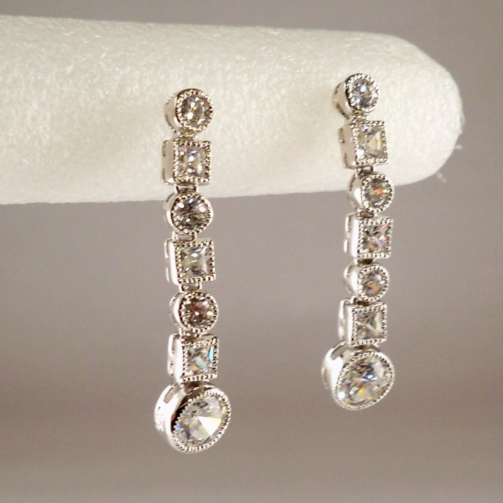 New Vintage Charles Winston Cubic Zirconias Dangle Silver Pierced Earrings